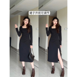 张阿星加绒黑天鹅方领收腰修身可调节侧开叉小黑裙