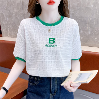 撞色蕾丝短袖t恤女2024夏季新款宽松字母刺绣体恤设计感小众上衣
