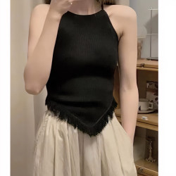 时尚网红气质垂感无袖针织上衣高腰宽松阔腿裤修身显瘦气质套装夏