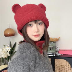 日系可爱立体小熊耳朵毛线帽子女秋冬新款保暖针织防寒护脖护耳帽