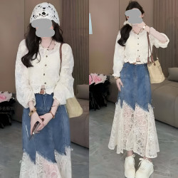 小众女装秋冬舒适蕾丝开衫外套百搭拼接牛仔半身裙套装洋气衣服女