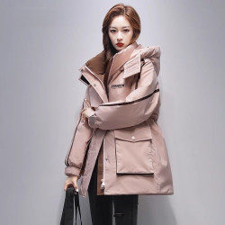 时尚休闲棉服女中长款拼色工装克服加厚收腰保暖显瘦宽松棉衣外套