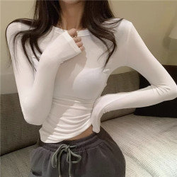 2026秋冬紧身正肩显胸大洋气螺纹磨毛加薄绒修身长袖T恤女打底衫