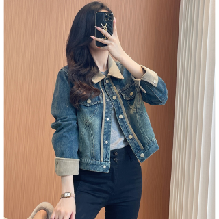 23377欧货牛仔外套女复古秋拼接短款时尚小个子宽松显瘦上衣