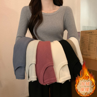 早秋装新款圆领长袖针织衫上衣秋冬季百搭紧身内搭毛衣女士打底衫