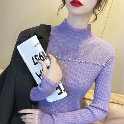 蕾丝半高领针织衫女秋冬新款修身内搭打底衫百搭显瘦上衣