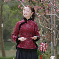傲雪寒梅秋冬加厚加绒中式唐装旗袍红色上衣女款外套长袖中国风
