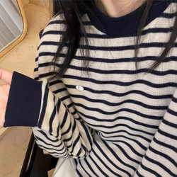 美式复古条纹圆领针织衫女秋冬季新款早秋上衣宽松慵懒风毛衣上衣