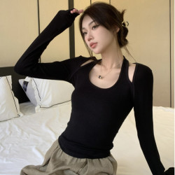 假两件挂脖螺纹t恤女春秋季设计感长袖打底衫辣妹修身别致上衣