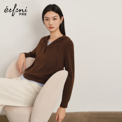 伊芙丽 含羊毛桑蚕丝假两件百搭毛衫带帽针织衫2025冬季新款女 咖啡 S