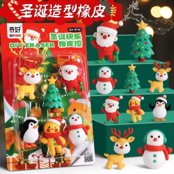 奇好 圣诞快乐趣味橡皮擦3D造型套装可爱卡通橡皮幼儿园学生礼物