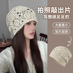 啄木鸟 帽子女薄款镂空毛线帽复古文艺百搭针织帽韩版手工编织包头堆堆帽