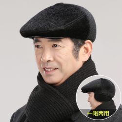 爸爸前进帽防寒加绒加厚贝雷帽子冬季男士中老年仿貂毛冬天护耳帽