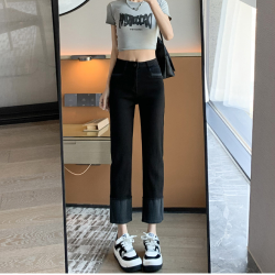 黑色高腰直筒牛仔裤女春秋显瘦修身小个子九分翻边八分法棍烟管裤