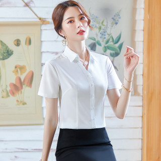 夏季v领白色衬衫女短袖职业上衣正装工作服时尚气质修身韩版衬衣