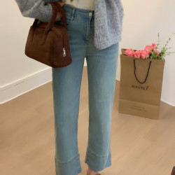 2026春季新款设计感裤子高腰弹力牛仔裤女大码浅色微喇显瘦直筒裤