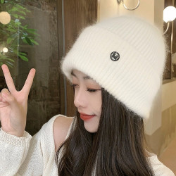 兔毛帽子女新款2023网红秋冬百搭针织毛线帽大头围保暖护耳冷帽潮