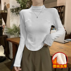 德绒半高领长袖t恤女秋冬磨毛内搭加厚保暖修身打底衫百搭上衣服