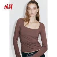 H&M 女装T恤春季复古休闲方领显瘦法式酒红长袖简约风T恤1089811