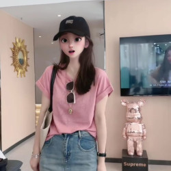 夏季新款时尚纯色百搭小衫减龄显瘦短袖上衣女休闲舒适透气T恤潮