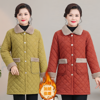 妈妈冬装棉袄加绒加厚棉衣服中长款中老年冬季外套保暖纯色棉服女