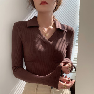 2026秋季黑色polo领t恤女纯欲风韩版长袖修身显瘦打底衫翻领上衣