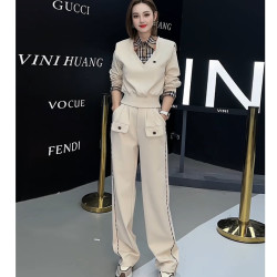 仙梦语秋冬加绒撞色格子假两件卫衣阔腿裤时尚休闲套装女气质减龄