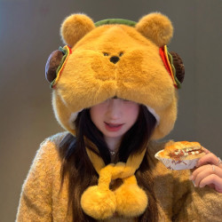 可爱汉堡小熊毛绒帽子秋冬加绒加厚保暖大头围显脸小护耳