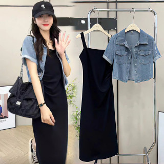 网红炸街套装女装夏季2025新款蓝色牛仔短外套搭打底吊带裙两件套