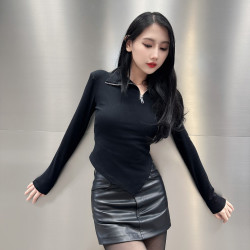 高领拉链不对称T恤弹力棉修身显瘦遮肉长袖上衣百搭秋冬短款