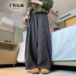 子牧棉麻 2026秋冬装 女韩版百搭毛呢弯刀裤磨毛阔脚裤宽松休闲裤0900 灰色 L