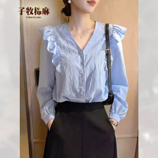 子牧棉麻 2026秋装 女时尚百搭小衫法式小众宽松长袖衬衫上衣8579 蓝色