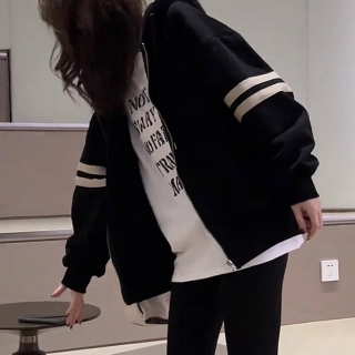 芊芊芙黑色美式慵懒拉链开衫连帽卫衣女士春秋2026新款宽松棒球服