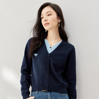 初语 春秋休闲百搭短款针织衫女假两件v领上衣外套长袖8433804
