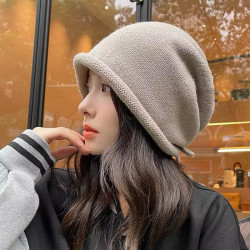 冬季女款网红洋气卷边抽绳针织百搭堆堆帽时尚冷帽保暖帽韩版针织