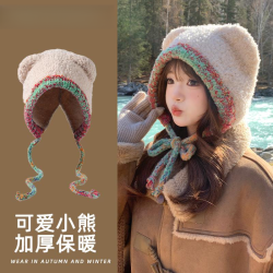 可爱小熊耳朵针织毛线帽子女冬加厚保暖护耳毛茸茸时尚绑带显脸小