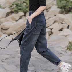 蓝步调 外穿牛仔裤女2025春秋休闲松紧腰弹力宽松老爹裤女显瘦百搭牛仔裤