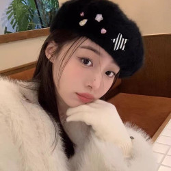 星星水钻手工贝雷帽时尚百搭女秋冬季韩版小众兔毛画家帽