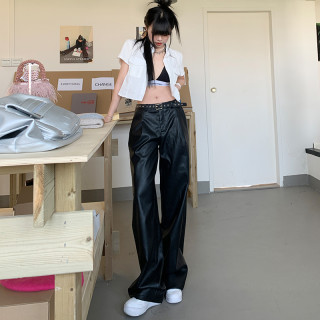 MJB2025秋冬爆款黑色PU皮个性休闲裤女高腰显瘦宽松阔腿直筒皮裤
