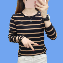 可外穿条纹长袖T恤2026女大码宽松春秋纯棉妈妈装百搭打底衫上衣