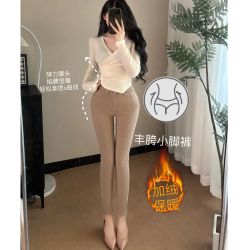韩女好身材~丰胯老钱风卡其色显腿直腰细秋冬加绒保暖小脚裤