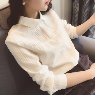 2024春新款百搭娃娃领加绒白色修身衬衫女长袖学生基础款打底衬衣
