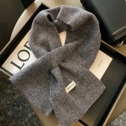 100%WOOL纯羊毛韩版深灰色围巾女冬季纯色小围脖交叉女士懒人保暖