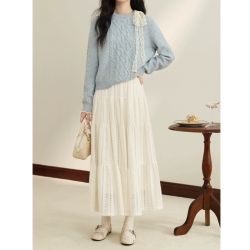 春季新款厚款蕾丝磨毛拼接大摆a字裙韩系慵懒风裙子女