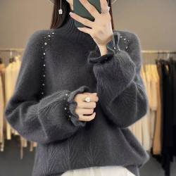 超好看羊毛衫女士2025秋冬新款宽松加厚毛衣钉珠羊绒内搭打底衫女