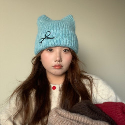 秋冬季猫耳朵蝴蝶结毛线帽女大头围显脸小简约休闲潮保暖针织帽子