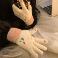 可爱雪人毛绒针织五指手套女冬季毛茸茸保暖加绒触屏韩版女士少女