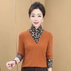 6391#冬季豹纹拼色领修身型洋气时尚百搭上衣T恤（L~5XL 90~165斤）