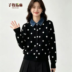 子牧棉麻 2026秋冬装 女韩版百搭翻领波点针织开衫时尚长袖外套上衣4560 黑色 均码