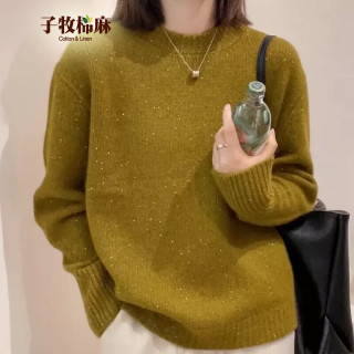 子牧棉麻 2026秋冬装 女韩版时尚圆领宽松外穿亮丝针织衫长袖打底上衣2610 黄色 均码